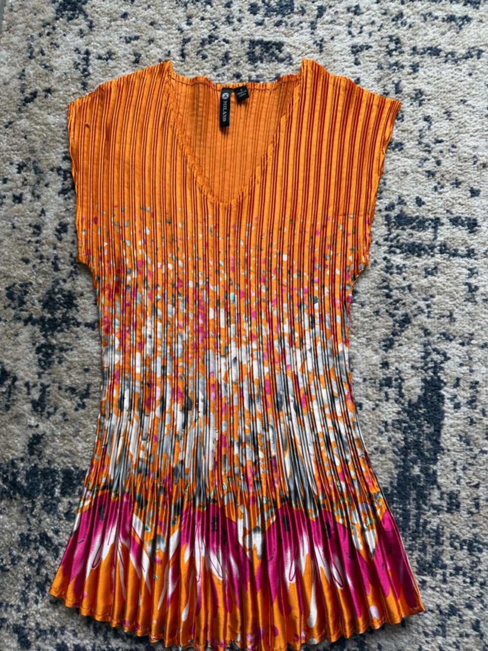 ❤️SOLD Milano Orange Pleated V-Neck Tank with Pink & White Floral Accents